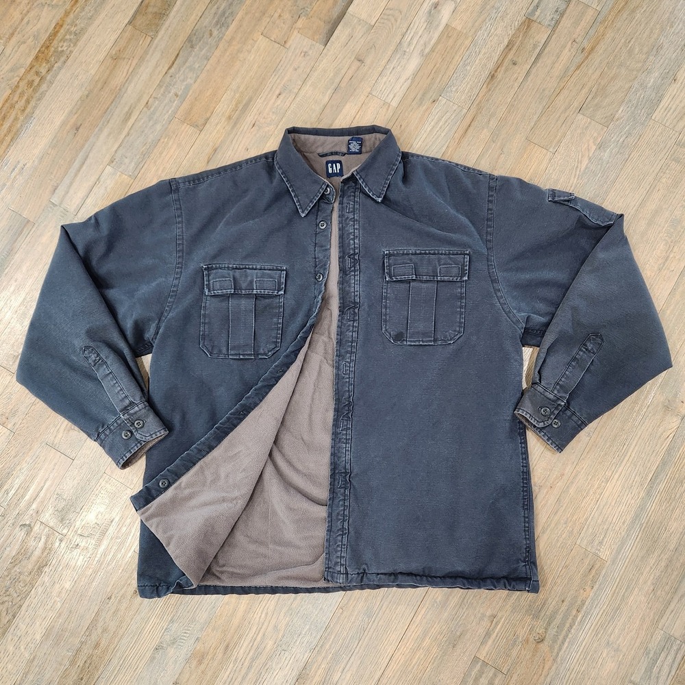 VTG Y2K GAP Men Large Jacket‎ Lined Army Military Distressed Charcoal Gray Black